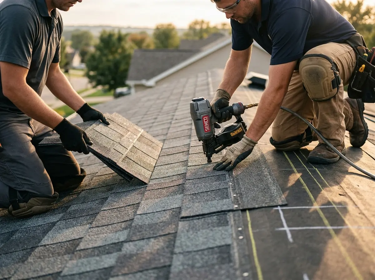 Professional roofer working on a residential roof in Schenectady
